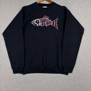 Hanes Mens Small Heavyweight Haida Salmon Fish Vintage Sweatshirt Black USA Made